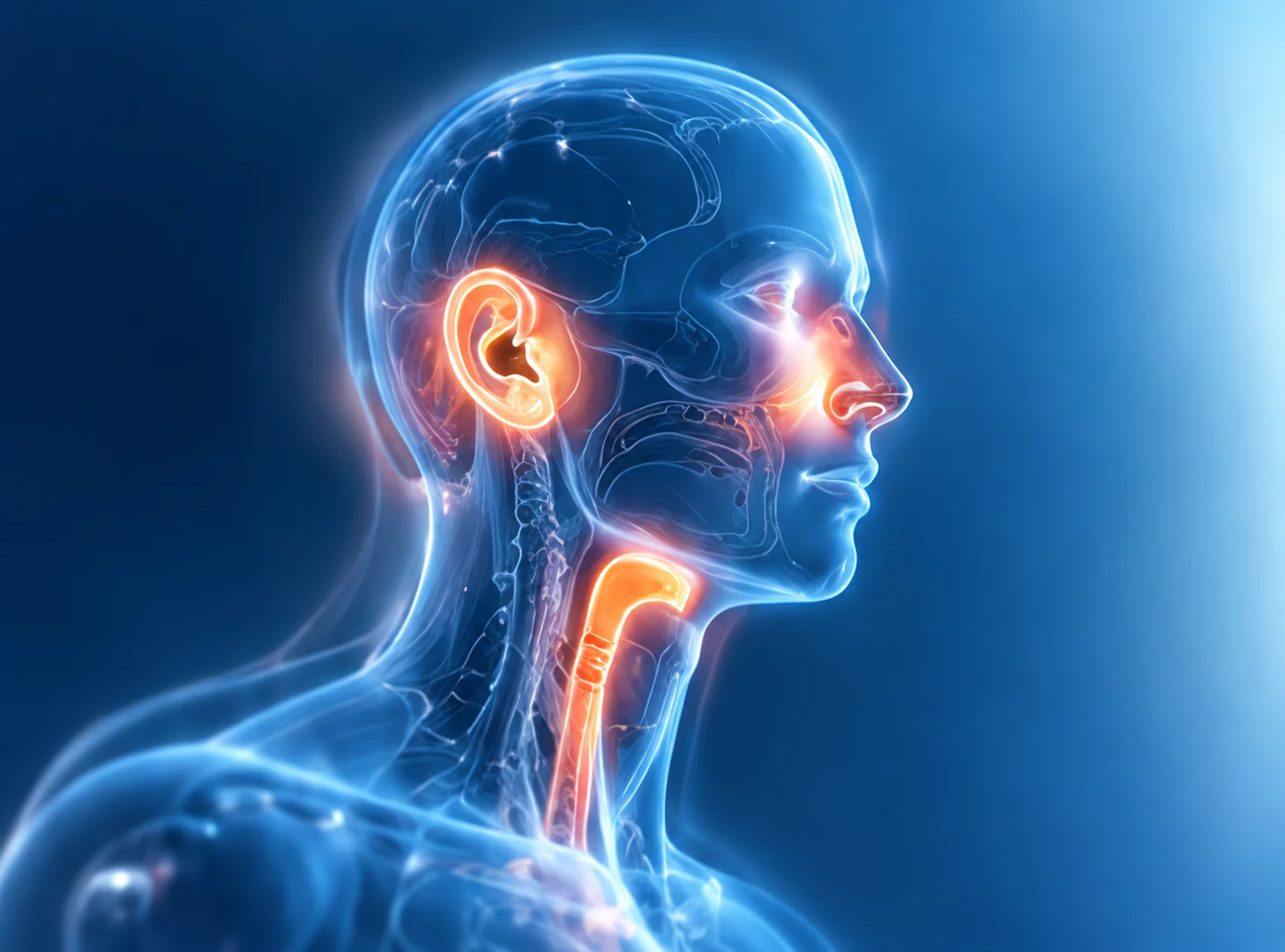 X-ray-style profile showing the ear, nose and throat
