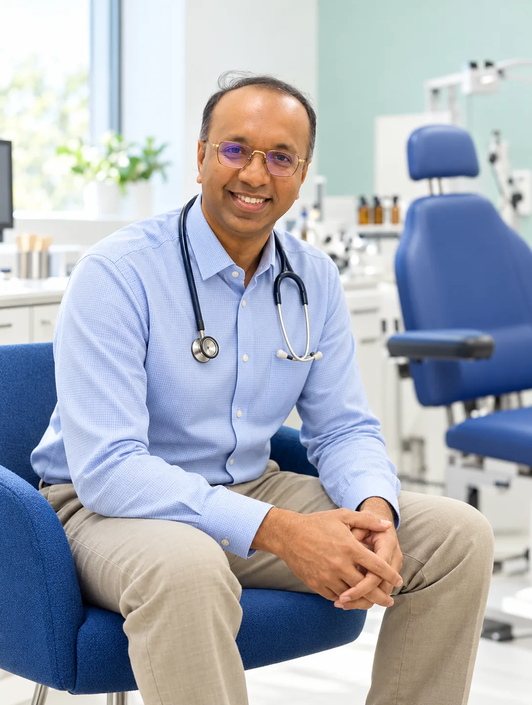 Dr Puvan Arul Arumugam seated in the clinic