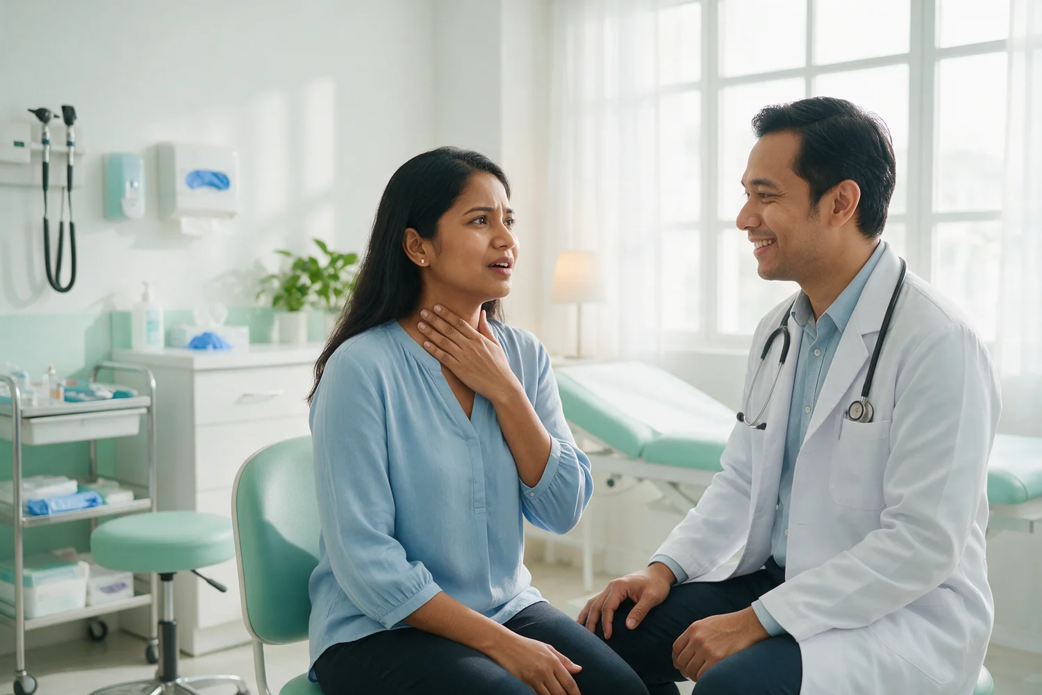 Woman with a hoarse voice holding her throat before an ENT examination